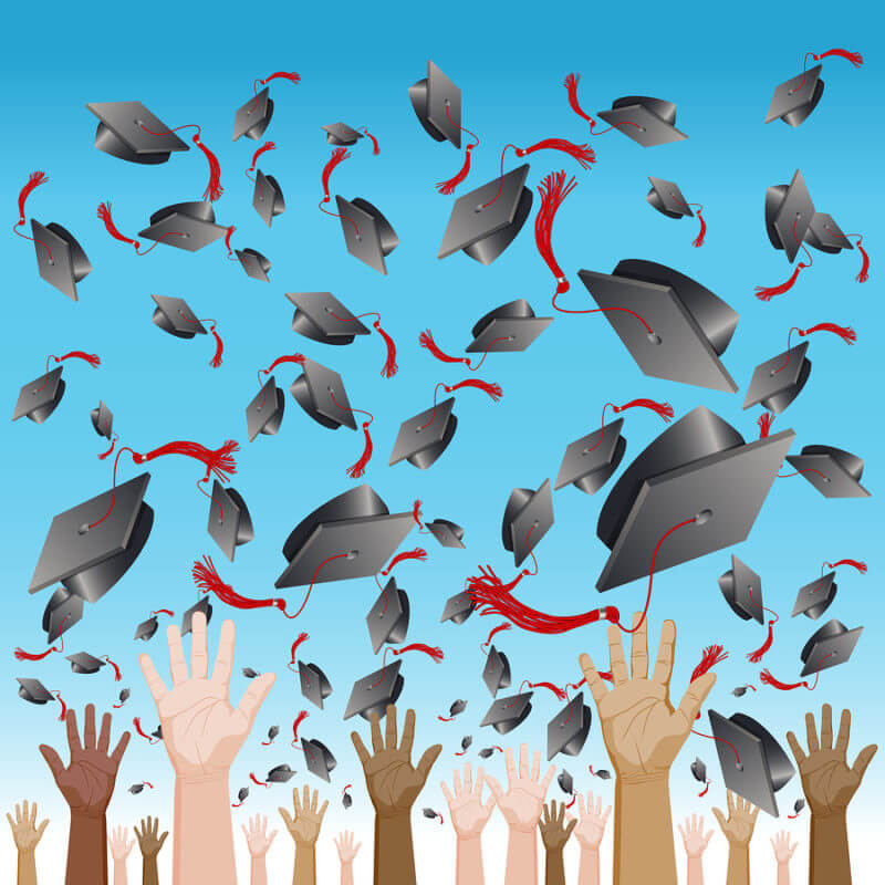 Transition to adult life for kids with autism after graduation. An image of a diversity graduation day cap tossing ceremony.