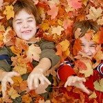 Boys Playing Throwing the Fall Leaves Up in the Air