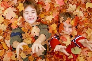 Boys Playing Throwing the Fall Leaves Up in the Air